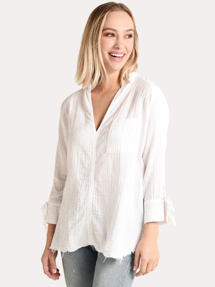 Stark X Muslin Long Sleeve Shirt Beige Sand Pocket Top Bows Splice Collar Cotton